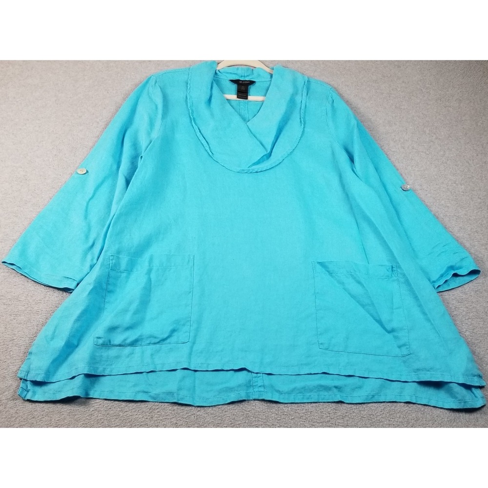 Ali Miles Tunic Top Women's XL Extra Large Blue Linen See Through Long Sleeve